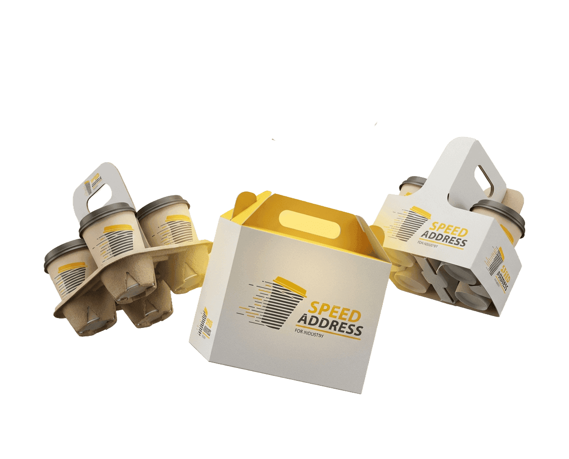 Coffee cups in cardboard carriers alongside a branded "SPEED ADDRESS" delivery box.