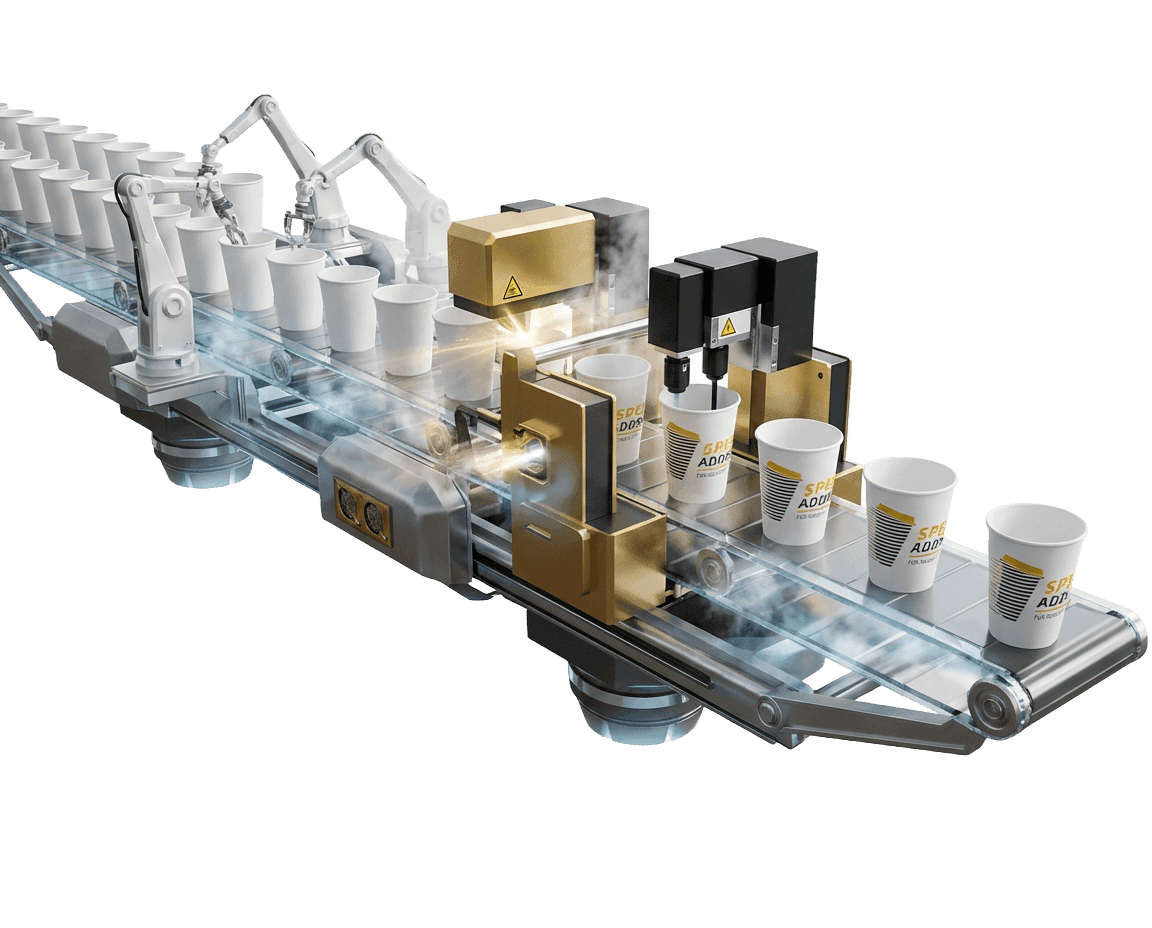 Automated industrial conveyor system with cups moving through a sophisticated manufacturing process.