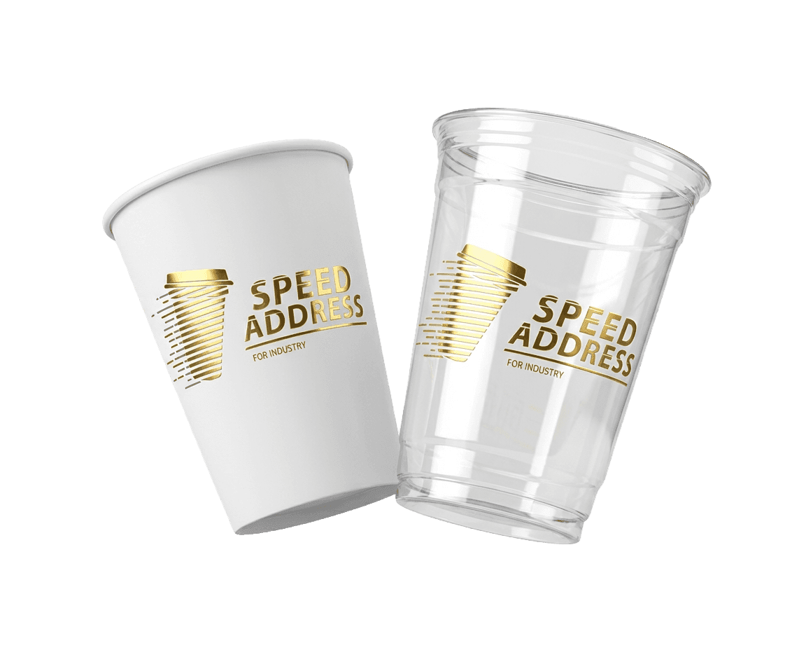 White paper cup and clear plastic cup, both featuring the Speed Address logo.