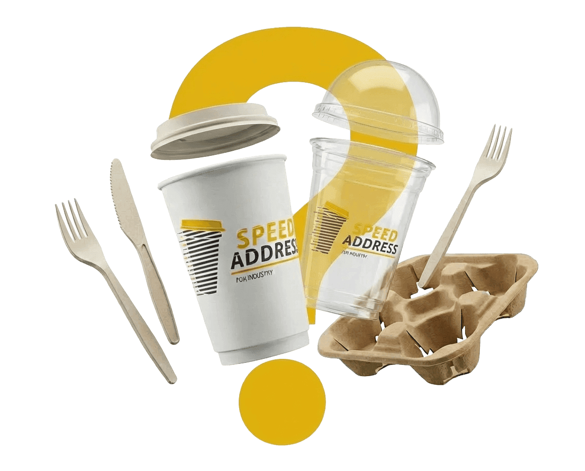 Various disposable food service items: coffee cups, clear cups, cutlery, and a pulp cup carrier.