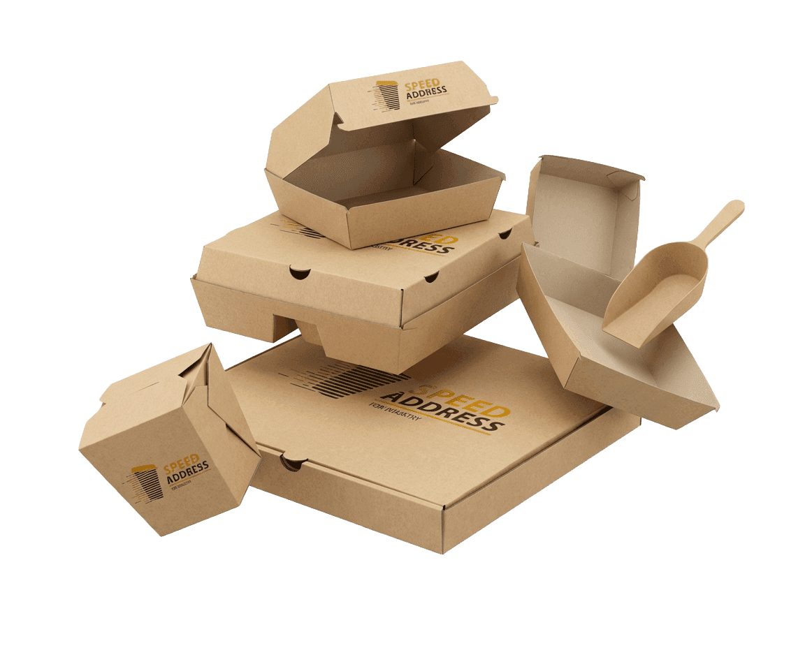 Assorted brown cardboard food packaging, including pizza and burger boxes, with "Speedy Address" branding.