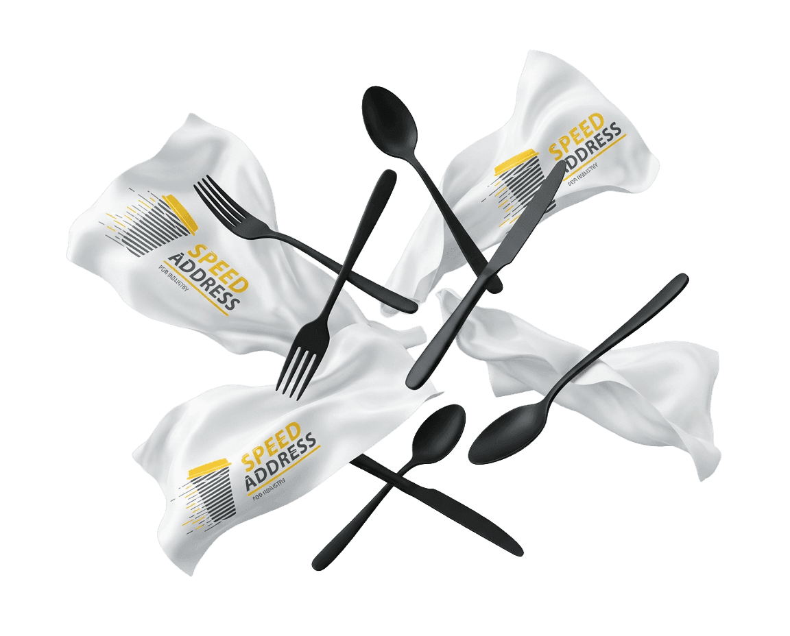 Black plastic forks, knives, and spoons rest on white napkins with 'SPEED ADDRESS' logo.
